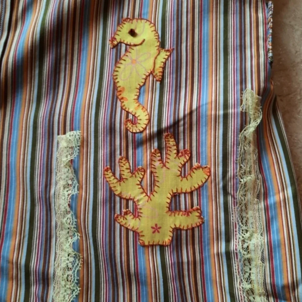 Striped swim coverup M upcycled mens shirt seahorse coral appliques
